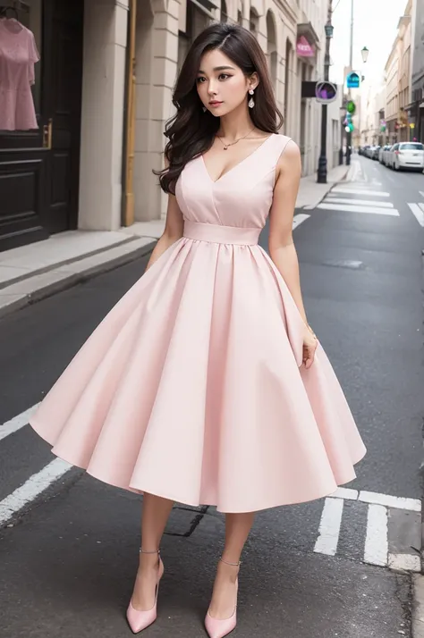 A pink dress with a voluminous skirt and a v-neck