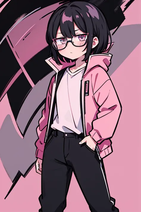 black pants, Sharp image, man, Black hair with pink ends, wearing a pink jacket. , has a dull, bored face, wears round glasses, has short, neat hair,