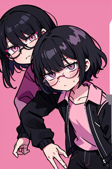 black pants, Sharp image, man, Black hair with pink ends, wearing a pink jacket. , has a dull, bored face, wears round glasses, has short, neat hair,