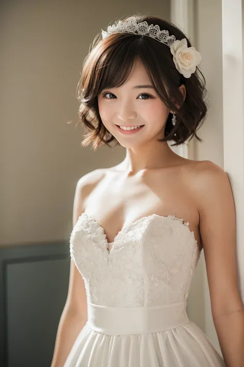 Baby face, F cup, wedding dress, smiling, bob hair, standing, plain background 