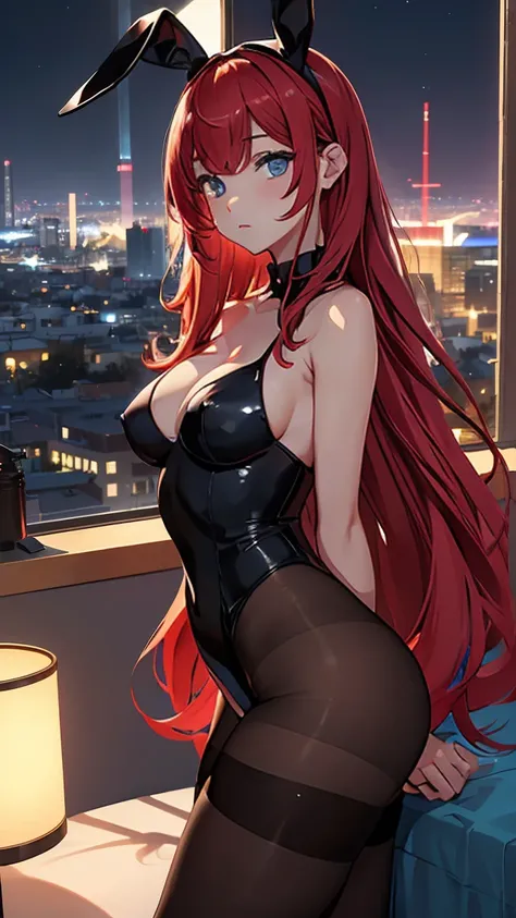 ((best quality)), ((masterpiece)), (detailed), perfect face, perfect body, 1girl, red long hair, cyan eyes, ((black bunny girl)), ((see-through)), ((black pantyhose)), ((Seeing the girl front body)), the girl in her bedroom hotel, windows from hotel bedroo...