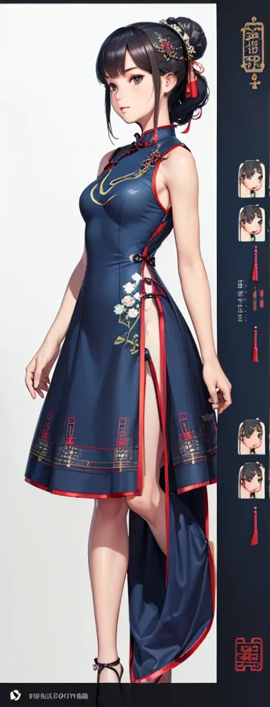 ((Best Quality)), ((Masterpiece)), ((Realistic)) 19 year old, 1 girl, shoulder length hair, relaxed happy face ((slender)) (busty), ((( cheongsam blue short dress))) (((mini skirt))) ((sexy dress)) bun hairstyle (((detailed character sheet, frontal view, s...