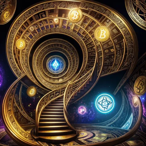 the stairs to happiness in front of a giant $coin surrounded by Bitcoin and Ethereum and other $coins, concept art trending, psychedelic art, the encrypted metaverse, crypto, deepdream cosmic, happy deep dream, cryptocurrency, connecting social media platf...