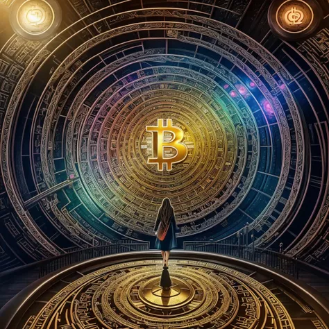 the stairs to happiness in front of a giant $coin surrounded by Bitcoin and Ethereum and other $coins, concept art trending, psychedelic art, the encrypted metaverse, crypto, deepdream cosmic, happy deep dream, cryptocurrency, connecting social media platf...