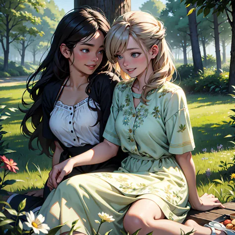 [Realistic, High-Definition: Illustrate a park scene with a male and female couple. The girlfriend, dressed in a sun dress, sits on a picnic blanket, her head thrown back in laughter. Her contagious laughter spills over as she reaches out to grab her boyfr...