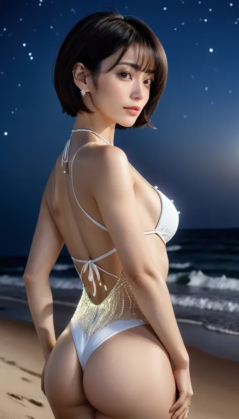 8K, masterpiece, RAW Photos, Highest quality, Realistic, Very detailed, Depth of written boundary, Cinematic Light, Anatomically correct body, 
One sexy and beautiful mature woman, 
Black bob cut short hair, Very beautiful face, Exquisitely detailed face, ...