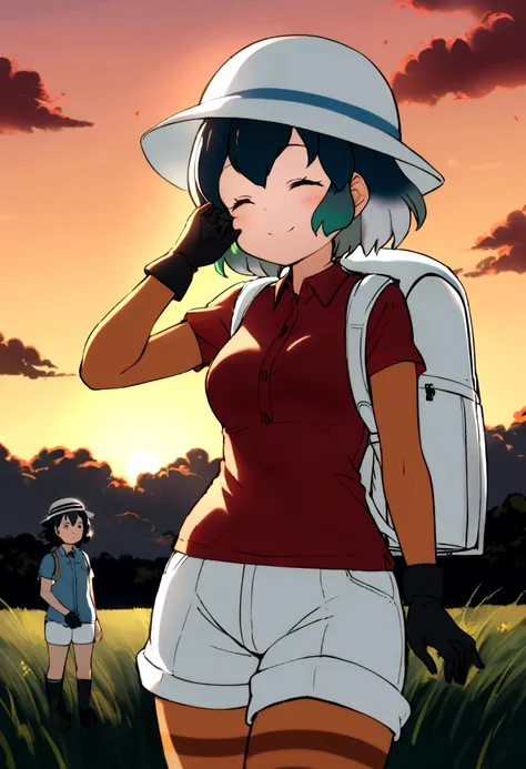 (1girl,kaban (kemono friends),kemono friends),black short hair,smile,white hat,white backpack,tight clothes,black gloves,red shirt,white shorts,pantyhose,standing,smile,closed eyes,right hand on own face,twilight,