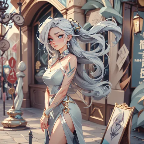 Adult anime woman with silver hair, 1 elegant and subtle tattoo, female character anime art style. A detailed portrait, with light blue eyes, a womans body, smooth and soft skin, athletic and artistic, high quality