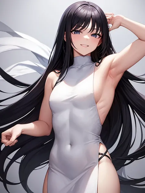 Long black hair　White sexy dress　Raising his arms to show his armpits　smile