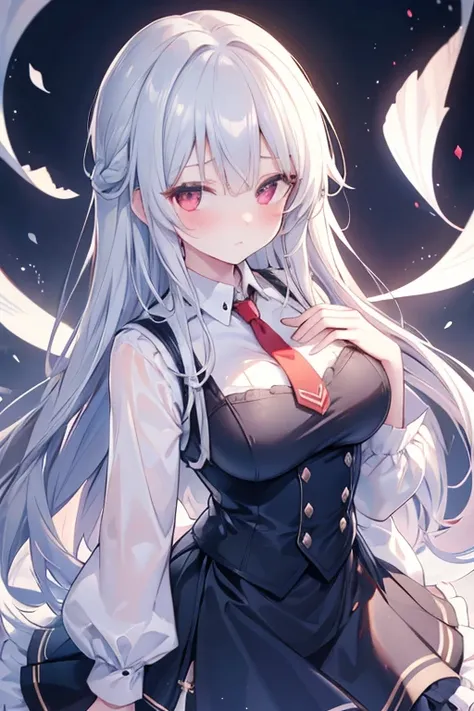 Best Quality, ultra-detailliert, Illustration, silber hair, Aimei，The long-haired，cute  face，beutiful breast，turned around，Suspender Skirt，long-sleeve，Dark blue skirt，neck tie，Close，Angle to show off breasts，finely detail，Perfect fingers，Low exposure，long-...