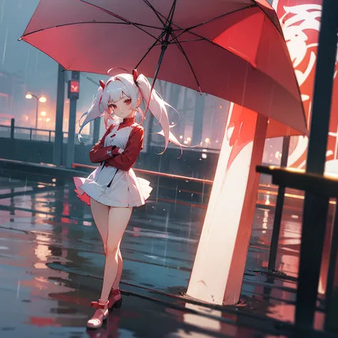 Anime, girl in a short miniskirt, panties visible, red and white hair, Twin Tail, in a beautiful area, rainy weather, 3d, beautiful pussy.