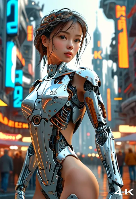 a beautiful woman-robot standing in a futuristic city backdrop, detailed intricate mechanical parts seamlessly blended with a slender, graceful humanoid form, magnificent anatomy and physique, 1/2 body crop, (best quality, 4k, 8k, highres, masterpiece:1.2)...