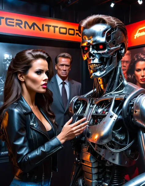 a shocked and awed beautiful woman in front of the terminator model t-800 wax statue that suddenly alive and wants to shake her ...