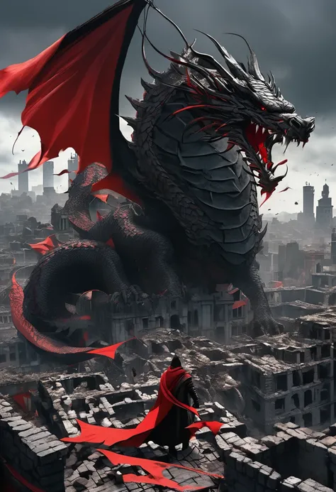 A man stands atop the ruins of a broken city, his red war flag with a dragon pattern billowing in the wind. He wears a black armor, his face twisted in a snarl of anger. The cityscape behind him is a maze of crumbling buildings and twisted metal. The sky i...