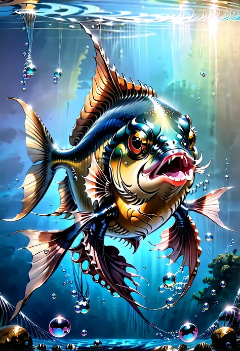 piranha, the new renaissance, friend or foe?, the rip art of leonardo da vinci, vibrant solid colors and small bubbles, octane r...