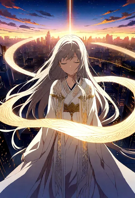 An intricate and detailed anime illustration of a woman in deep concentration, her eyes closed as she peers into the future. She wears a flowing white kimono with intricate patterns, and her long hair flows behind her like a cape. A gentle breeze blows, cr...