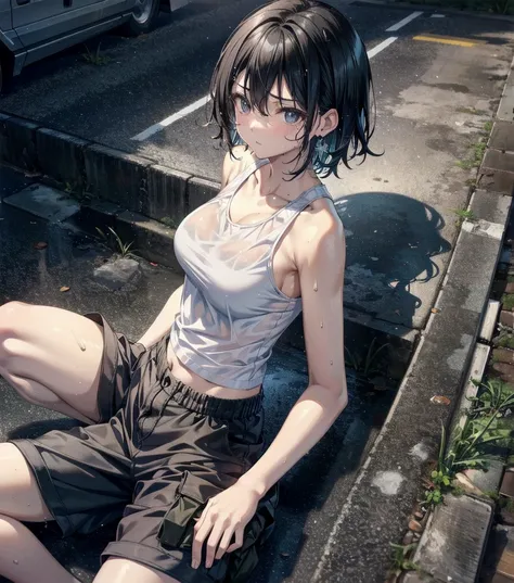 whole body, solo, alone, delicate facial features, medium tits, medium hair, black hair, tearful mole, earring, tank top shirt, cargo pants, shorts, wet,