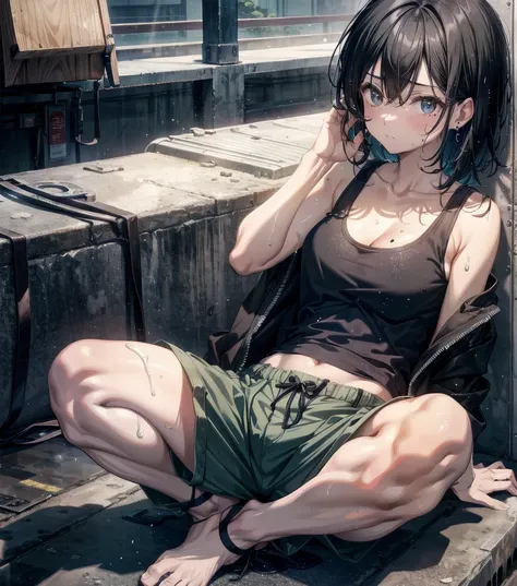 whole body, solo, alone, delicate facial features, medium tits, medium hair, black hair, tearful mole, earring, tank top shirt, cargo pants, shorts, wet,