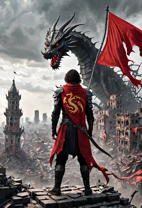 A man stands atop the ruins of a broken city, his red war flag with a dragon pattern billowing in the wind. He wears a black armor, his face twisted in a snarl of anger. The cityscape behind him is a maze of crumbling buildings and twisted metal. The sky i...