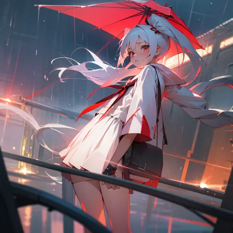 Anime, girl in a short miniskirt, panties visible, red and white hair, Twin Tail, in a beautiful area, rainy weather, 3d, white panties.