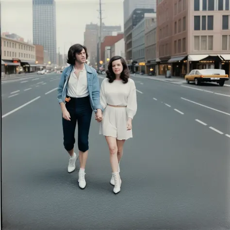 Polaroid photo, two pairs of feet walking on city asphalt, dreamy mood, city romantic, retro vibe, only feet in shoes, man and woman