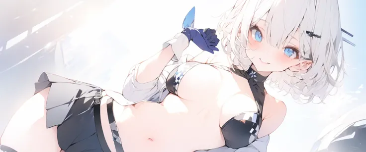 beautiful, masterpiece, Highest quality, anime, One girl, C Cup,Portrait Shot, View your viewers, Covered、Short Hair、nearby、Blue Eyes、art、、White hair,Blue streaked hair、wallpaper、hairpin、Cute smile、Thighs、navel、Black and White_Open race queen、Blue-black_Gl...