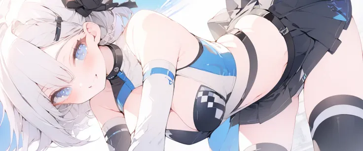 beautiful, masterpiece, Highest quality, anime, One girl, C Cup,Portrait Shot, View your viewers, Covered、Short Hair、nearby、Blue Eyes、art、、White hair,Blue streaked hair、wallpaper、hairpin、Cute smile、Thighs、navel、Black and White_Open race queen、Blue-black_Gl...