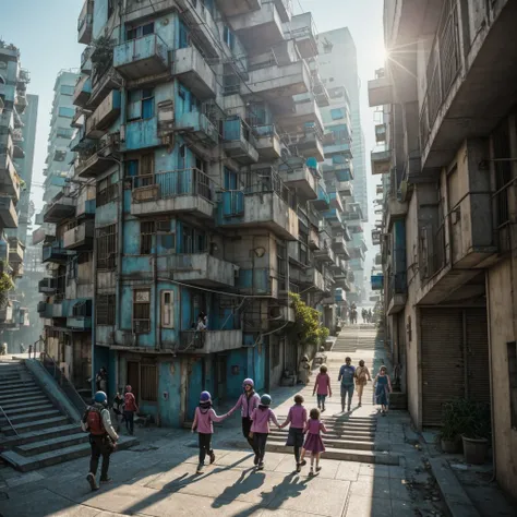 Happy family climbing a stairs to happiness in a happy dystopia cyberpunk future city