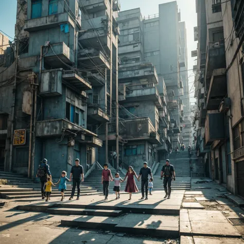 Happy family climbing a stairs to happiness in a happy dystopia cyberpunk future city