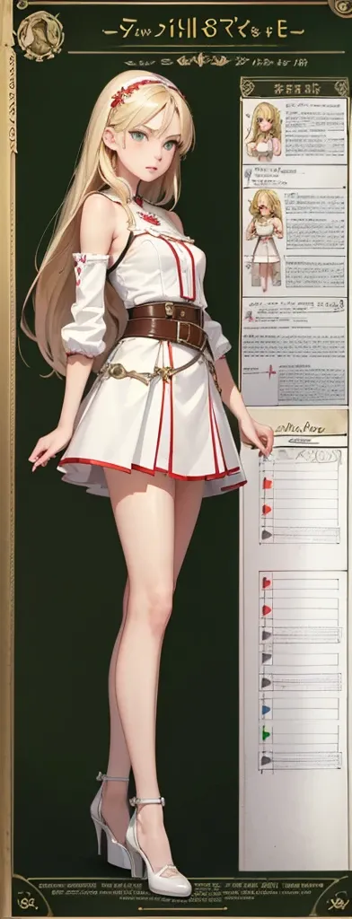 ((Best Quality)), ((Masterpiece)), ((Realistic)) 19 year old, 1 girl, shoulder length hair, blonde_hair, green eyes, medium breasts,  white top, red mini skirt, belt, heels, (((detailed character sheet, frontal view, side view, three quarter view))) (((whi...