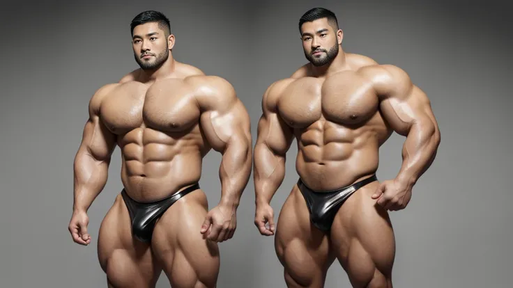 A Chinese bodybuilder，30 years old，Tall and handsome, Toned body，short hair, O-Shaped Beard，Perfect body, Dark and shiny skin，Smooth skin，The body is hairless，Muscle bulge, Muscular, Very large pectoral muscles，Very sexy abdominal muscles，Very well-develop...