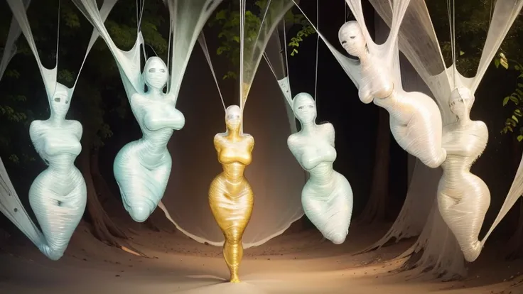 5 girls, trapped in glistening silk cocoons, suspended by spider webs mid air, dessert