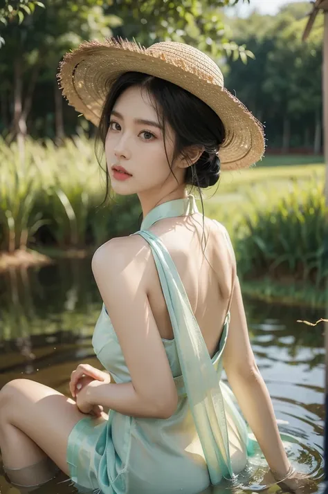 (((best quality))),(((ultra detailed))),(((masterpiece))),illustration,1 beautiful girl,slim,straw hat,shiny skin,black skin,sweat,wet,bare back,short Embroidered red cheongsam,collar,bare arms,pantyhose,sitting in the Paddy pool filled with Rice seedlings...