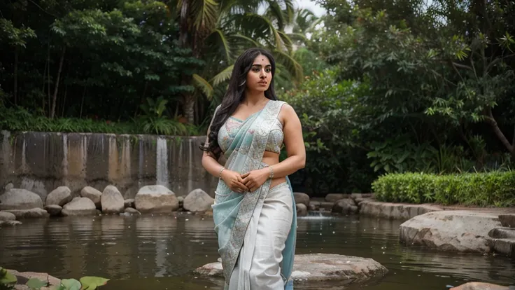 Indian cute30 years old marriage BBWs Women life like, high - resolution single women with a perfect figure Super fine face and eyes, slong hair, small Tank top silver Colour swimming saree, Wearing a traditional saree, bulky figure, huge big extra large a...