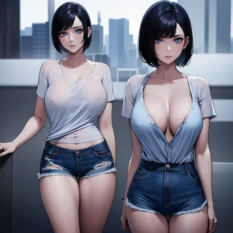 1girl, short black hair, blue eyes, wearing see through shirt, denim shorts, breasts, nipples, city, absurdres, high res, ultrasharp, 8K, masterpiece, looking at viewer