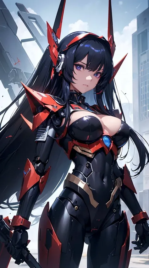 ((Shining lenses on both breasts:1.3))、((Pillars of red light radiate from both chests..:1.3))、((Attack pose:1.6))、((He has a red sword and a long rifle:1.6))、((Battle Scenes:1.8))、((8K)), ((32k)), ((Highest quality)), ((masterpiece)), ((超A high resolution...