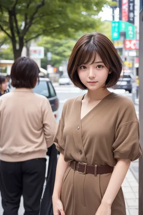 Cute 20 year old Japan woman、Beautiful Skin、Beautiful Hair、Short Hair Length、Bob Hair、Brown Hair Color、Beautiful Eyes、Brown Eye Color、Embarrassed look、place：outside、Police Officer、The naughtiest pose