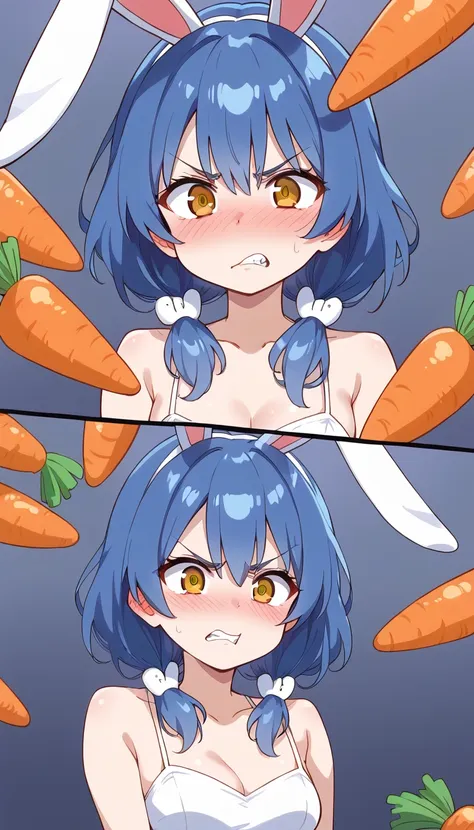 angry face, blue hair, rabbit, medium chest, yellow eyes, blush, carrot in hair,