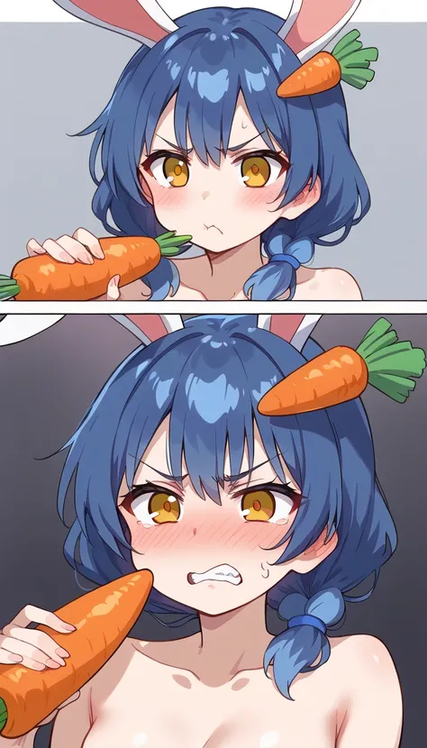 Angry face, Blue Hair, Rabbit, Medium chest, Yellow Eyes, blush, carrot in hair,