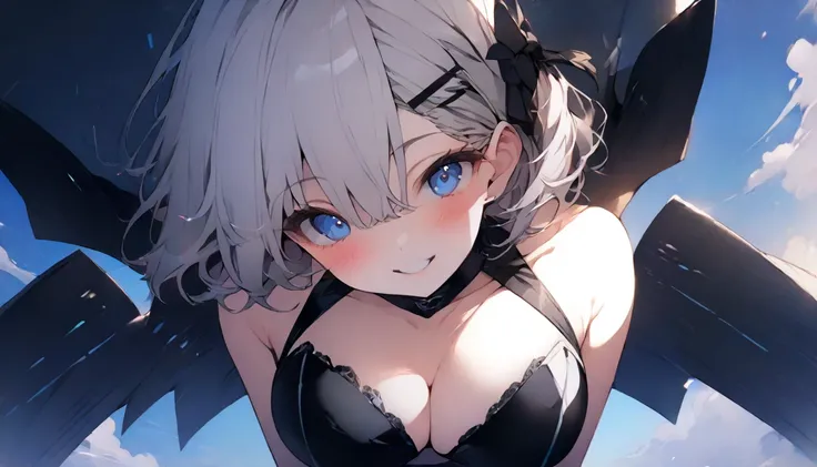 beautiful, masterpiece, Highest quality, anime, One girl, C Cup,Portrait Shot, View your viewers, Covered、Short Hair、nearby、Blue Eyes、art、、White hair,Blue streaked hair、wallpaper、hairpin、Cute smile、Thighs、navel、Black and White_Open race queen、Blue-black_Gl...