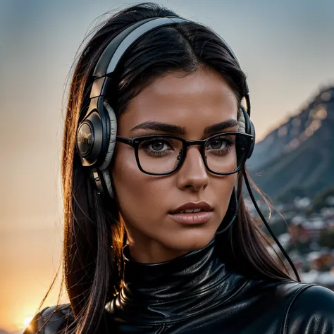 close up of a beautiful german female with tanned face, dark hazelnut eyes, with large headphones, wearing a tight black leather shirt, very detailed eyes, intense gaze, slim nose, very thin nose and nostrils, wearing small glasses, long black hair with hi...