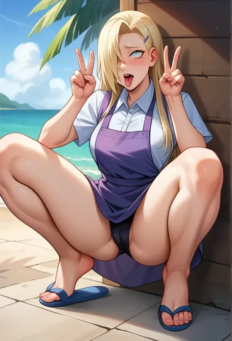 score_9, score_8_up, score_7_up, source_anime, 20 years old Ino yamanaka (Naruto), blond long hair, light blue eyes, hair covering one eye, wearing purple outfit consisting of a high-collared blouse and matching apron skirt, flip flops, at the beach, pose,...