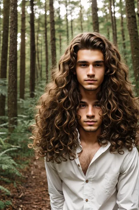 21 year old boy, hair with curls, brown fur, Brown eyes, high, Very pretty, White skin, In the woods