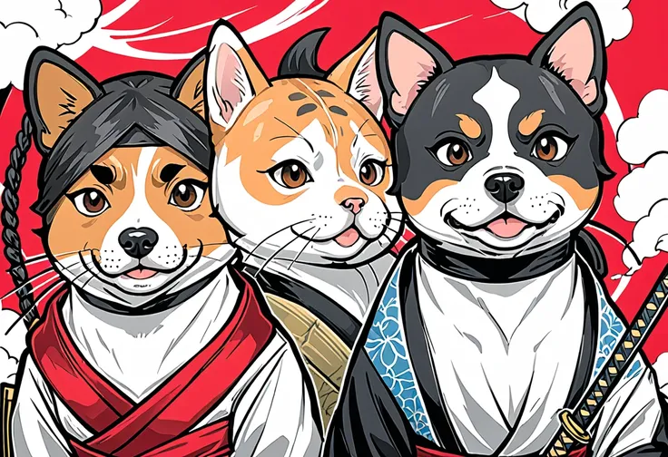 arte em tinta fina, comic style, portrait of japan, Samurai dog terrier and cat ninja, japanese couple, Glamour de Osaka, bela arte de linha, comic style, manga style, manga art style, pencil and ink caricature drawing, coloring, , other positions, corpo i...