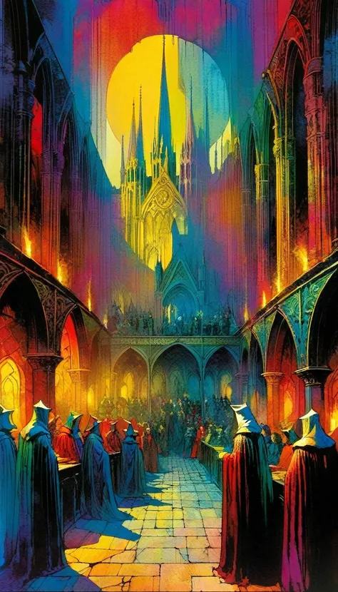 a trial in the middle ages, Artwork inspired by Bill Sienkiewicz, vivid colors, intricate details, oil.
