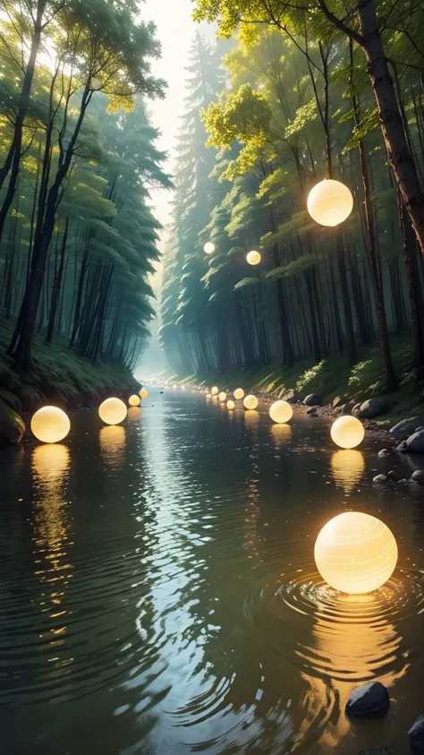 Lots of balls of light　Floating　in the forest　The river flows