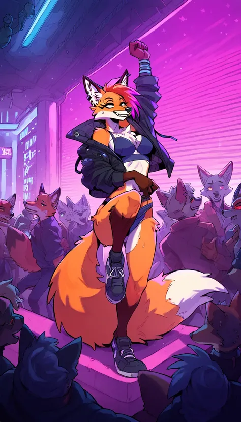 score_9, score_8_up, score_7_up, (cyberpunk city, night club, midnight, crowd on background, night club dancefloor, dancing, happy), ((fox:1.2), anthro, female, dance, striptease, lap-dancing, punk color fur, short punk haircut, beautiful, wearing a cyberp...