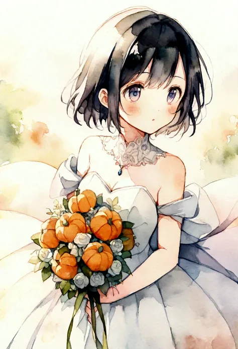 Halloween、girl、Black Hair、short hair、Wedding dress、Holding a bouquet、Look up diagonally to the left、Pale Light、anime、Watercolor