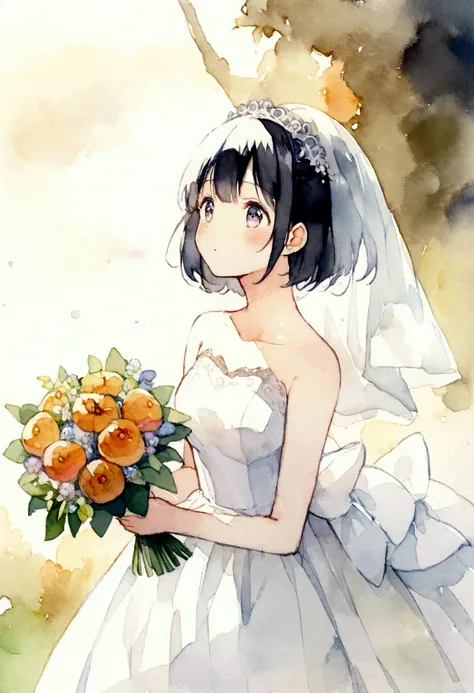 Halloween、girl、Black Hair、short hair、Wedding dress、Holding a bouquet、Look up diagonally to the left、Pale Light、anime、Watercolor