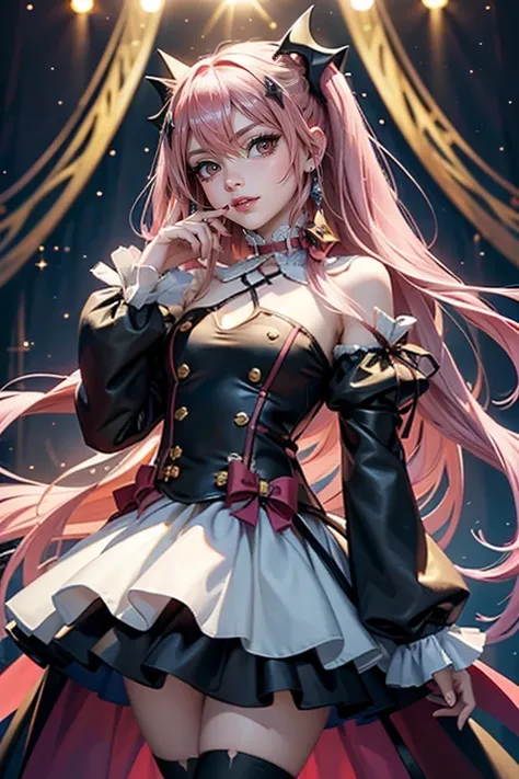 krul tepes, ornament hair, vampir girl, perfectly body, perfectly hands, wave hair, pink hair, long hair, blue eyes, black dress...